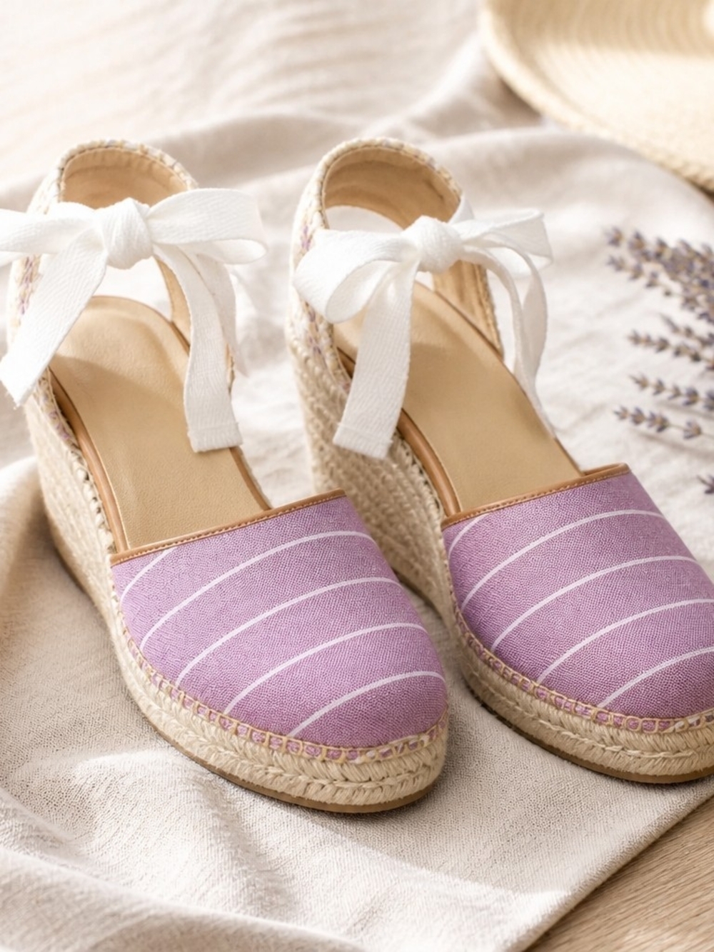 Talbots Lavender Striped Espadrille Sandals with White Ankle Tie Size 8